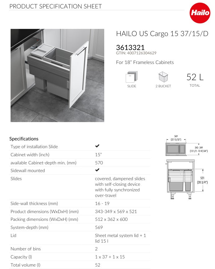 Hailo US Cargo 15 Full Access 52 Liters Waste Bin Soft-Close Pull-Out Organize Space Saver Organizer (1 x 37 + 1 x 15 Liter Bins)