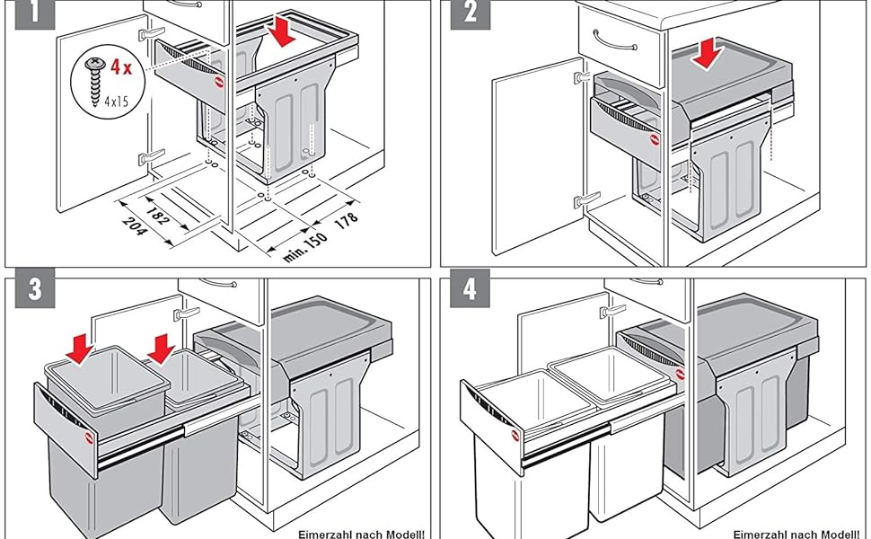 Hailo Tandem 30 Liters Pullout Bottom Mount Double Bin Trash System with Over Travel Slides Made in Germany