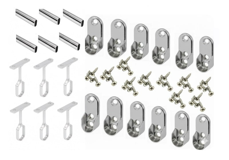 6 - Case ProPack | 8 FT (96") Oval Closet Wardrobe Rods Kit | Anodized Aluminum w/ 12 End Caps & 6 Center Supports - KI Home