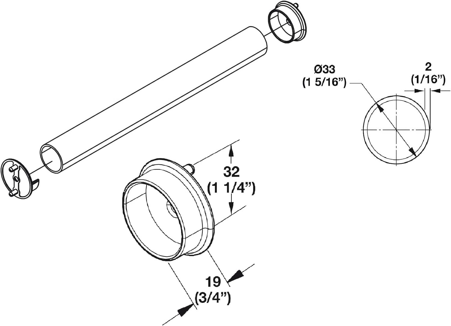 TAG Hardware 1-5/16 Inch Diameter Round Wardrobe Tube Closet Rod with End Supports 18 inches to 96 inches Lengths