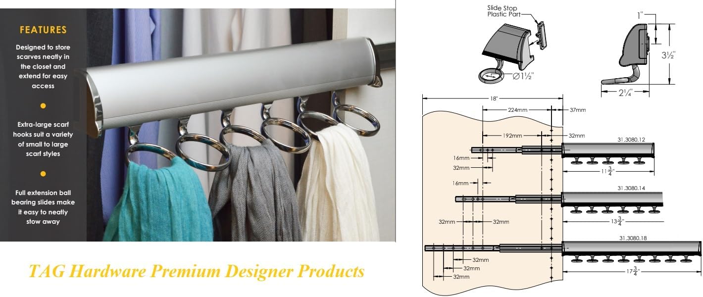 TAG Hardware Premium 5-Ring Full Extension Pullout Closet Wardrobe Scarf Rack