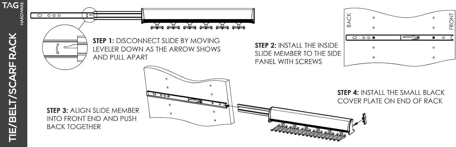TAG Hardware Premium 8-Hook 17 7/8 Inch Long Full Extension Pullout Closet Wardrobe Scarf Rack