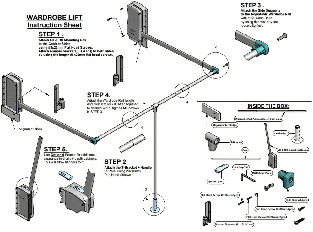 Hafele Heavy-Duty Pull Down Wardrobe Closet Rod Lift - 33 LB Load Capacity in White, Chrome, or Black