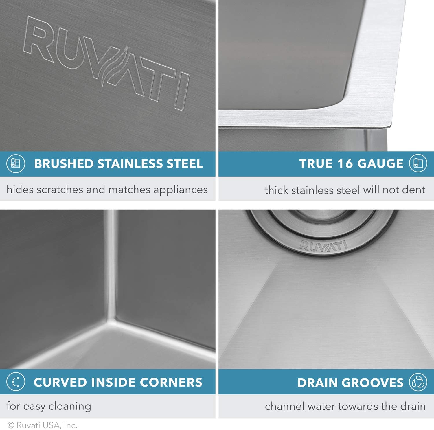 Ruvati 32-inch Low-Divide Undermount 50/50 Double Bowl 16 Gauge Rounded Corners Stainless Steel Kitchen Sink – RVH7411