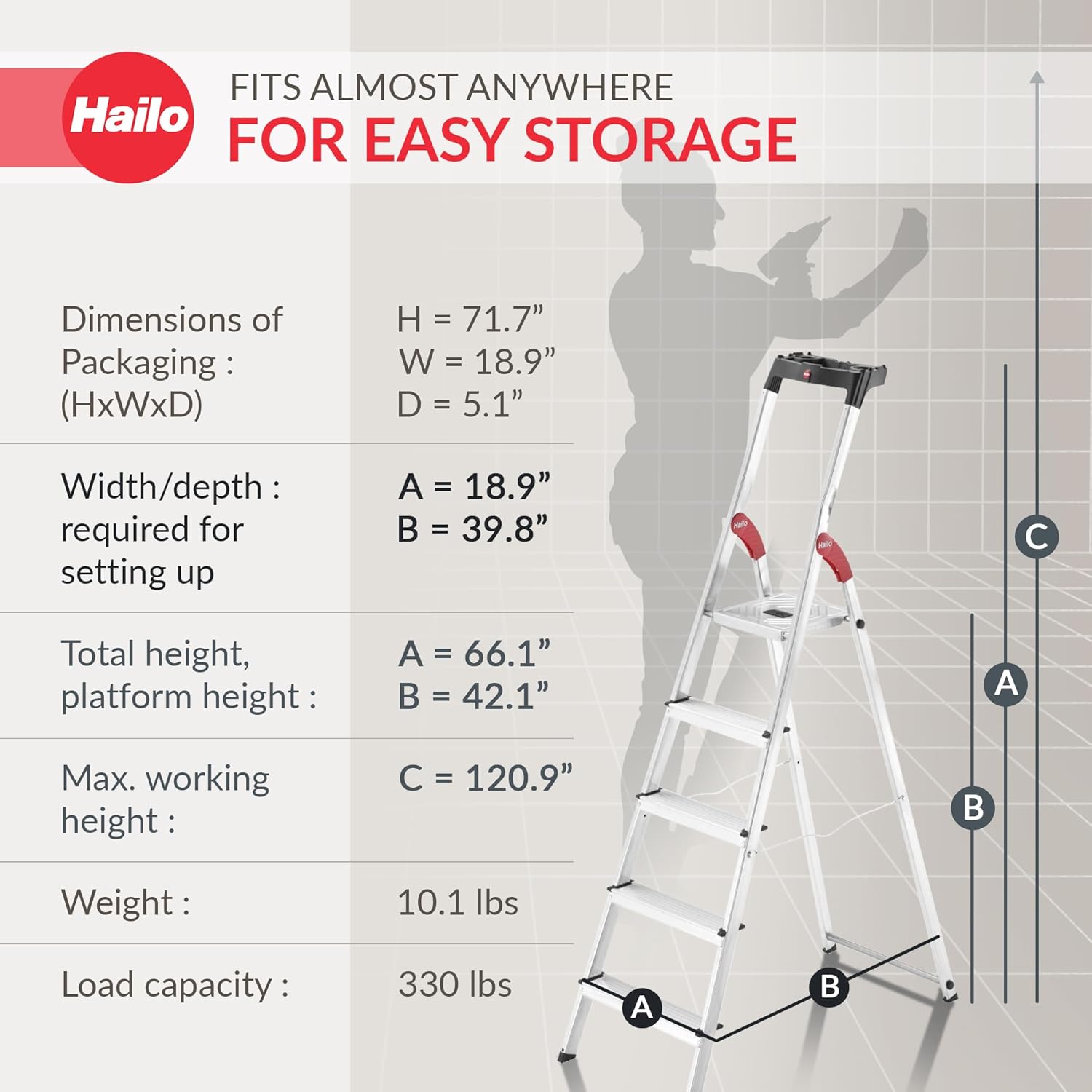 Hailo Folding Step Stool, 5-Step Ladder with Multipurpose Tray for Garage, Home & Kitchen – L60 Silver | Sturdy Aluminum Construction, Slip-Resistant Feet, High Safety Rail