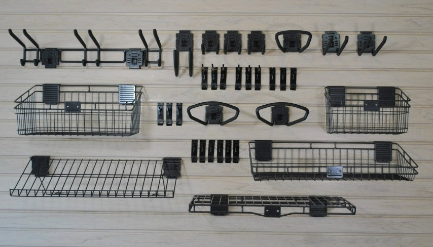 HandiWALL® Intermediate Accessory Kit with Locks – 33-Piece Slatwall Hook & Basket Set | Heavy-Duty Steel | Graphite Finish