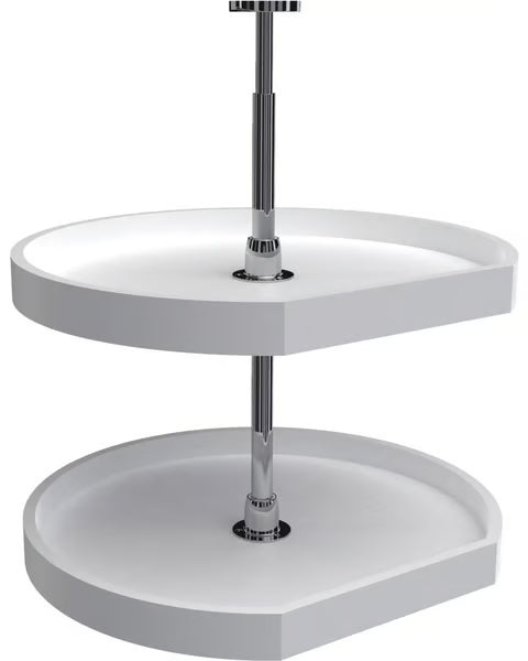 22 Inch Diameter D-Shape RAS Polymer Traditional 2 Shelf Corner Lazy Susan Set, for 26, 32 Inch Inner Cabinet Height - White