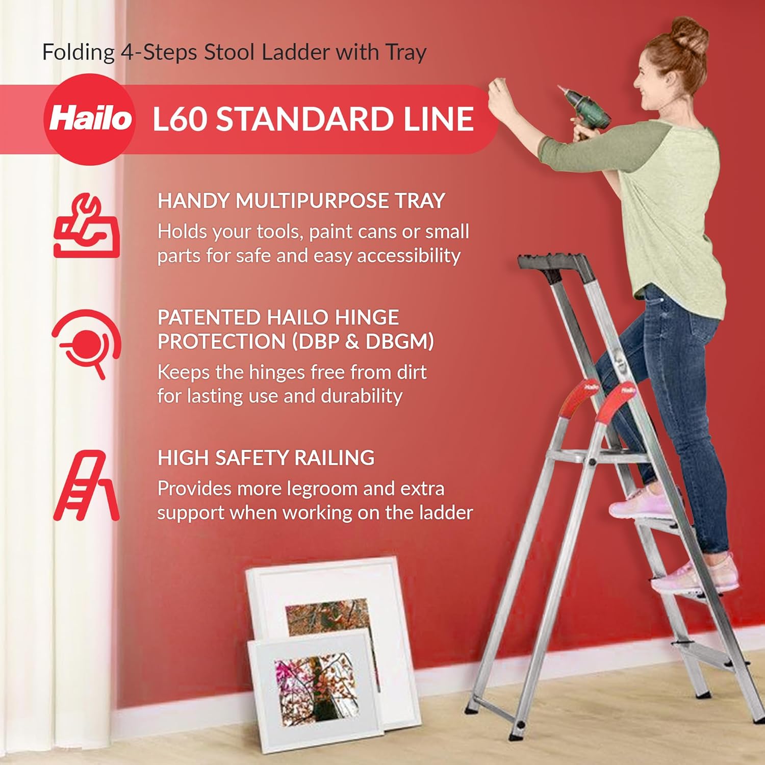Hailo Folding Step Stool, 5-Step Ladder with Multipurpose Tray for Garage, Home & Kitchen – L60 Silver | Sturdy Aluminum Construction, Slip-Resistant Feet, High Safety Rail