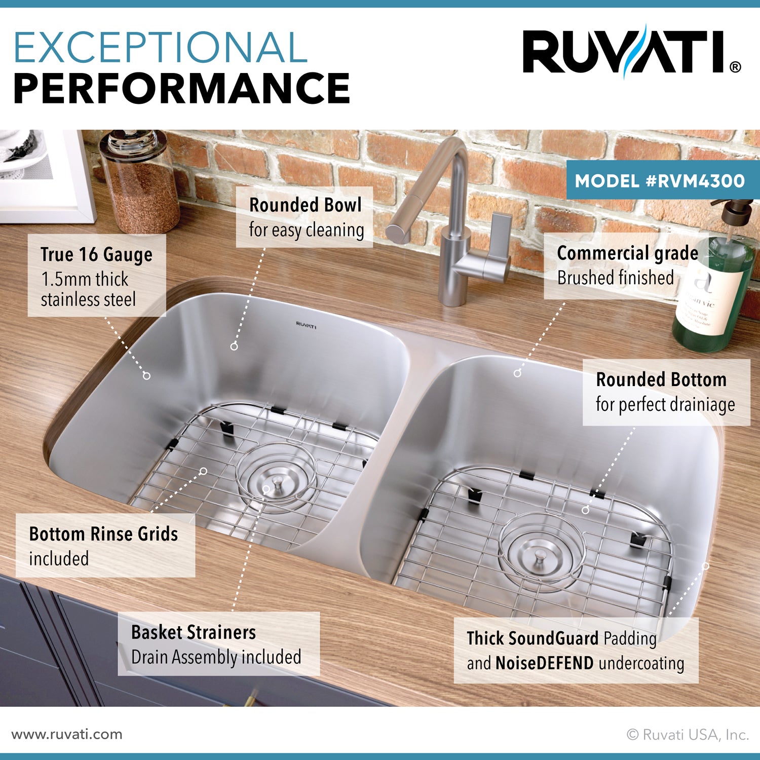Ruvati Parmi 32-inch Undermount 50/50 Double Bowl 16 Gauge Stainless Steel Kitchen Sink – RVM4300