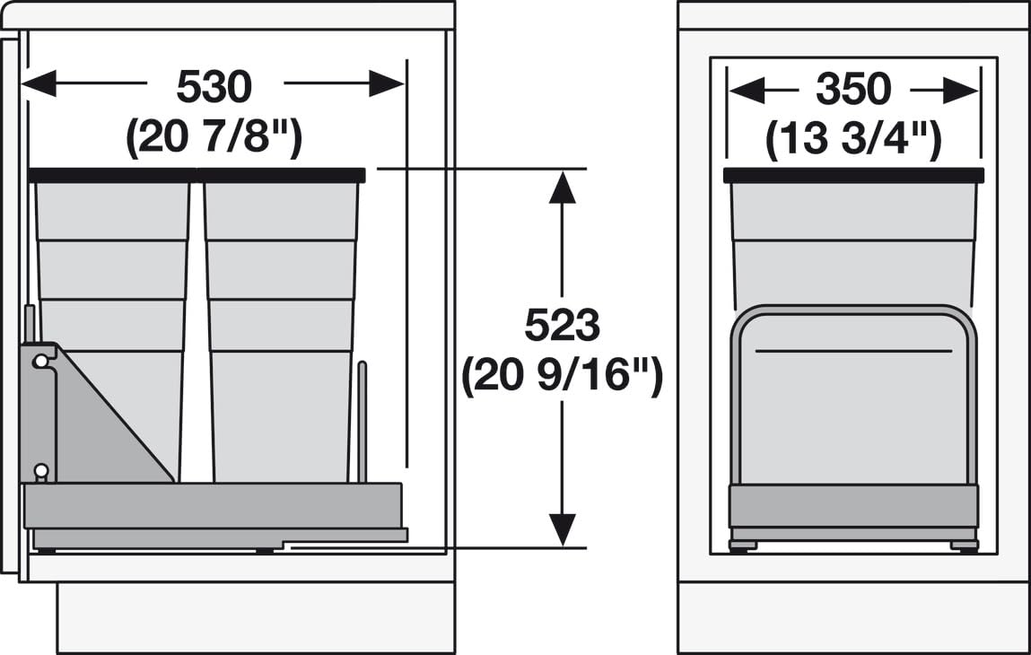 Hailo Bottom Mount Double Bin Trash Recycled System with Two Lids and Soft - Close Slides - 2 x 29 Liter (Total 62 Quart) - KI Home
