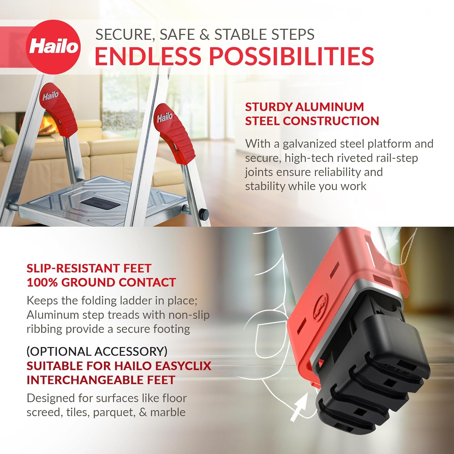 Hailo Folding Step Stool, 5 - Step Ladder with Multipurpose Tray for Garage, Home & Kitchen – L60 Silver | Sturdy Aluminum Construction, Slip - Resistant Feet, High Safety Rail - KI Home