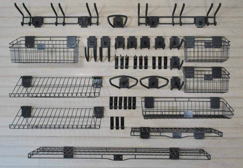 HandiWALL® Deluxe 46 - Piece Slatwall Accessory Kit - Locking Hooks, Baskets & Shelves, Graphite - KI Home