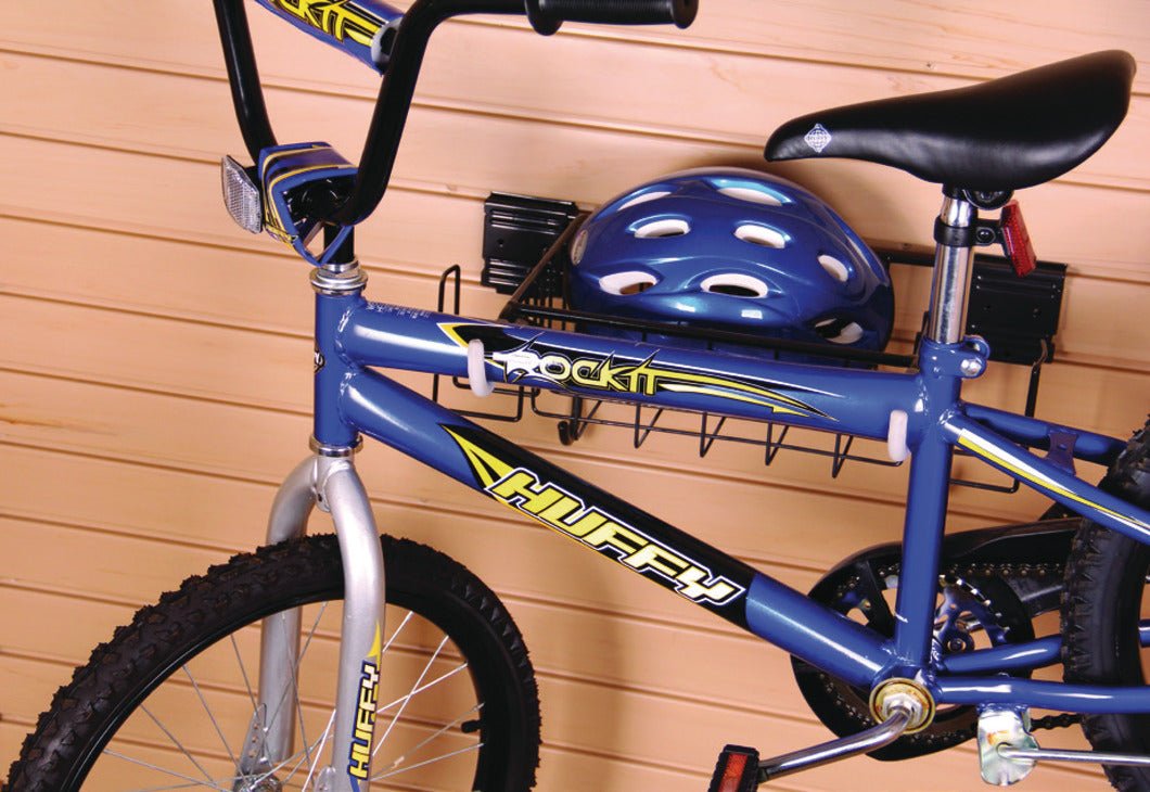 HandiWall Horizontal Bike Rack with Storage Basket | Slatwall Panel Garage Organizer - KI Home