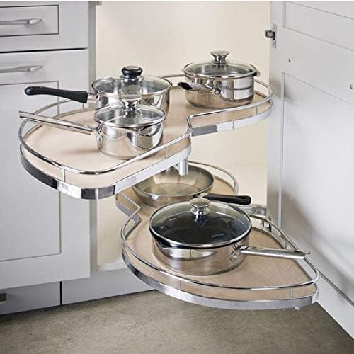 Lemans II Set 2 - Shelf Lazy Susan with Soft - Close for Blind Base Corner Cabinets Chrome and Maple Model 60 Swing Left - KI Home