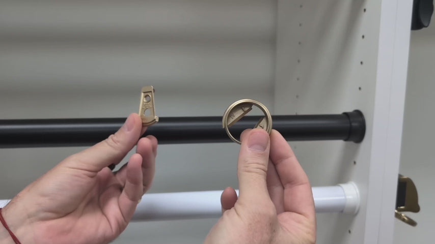 Load video: TAG Hardware Premium 1-5/16” Diameter Round Wardrobe Closet Rod with End Supports and Protective Insert Cap