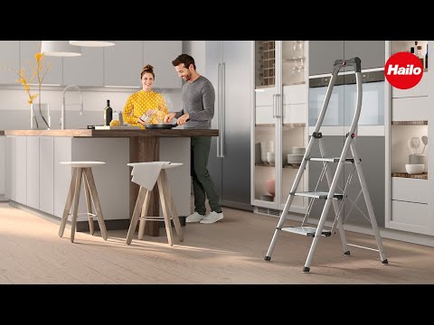 Hailo LivingStep Comfort Plus | Aluminum Folding Stepladder | Three Extra Large Steps | Stepladder with high Curved Safety bar and Storage Tray | Soft-Grip Base | Rustproof | Silver