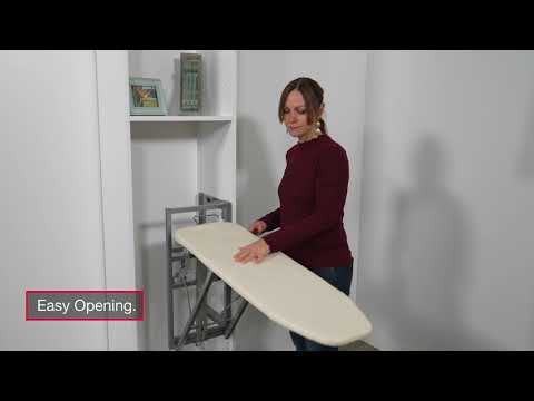 Load video: Hafele 568.67.900 Wall Mounted Folding and 90° Rotating Vertical Mount Folding Ironing Board