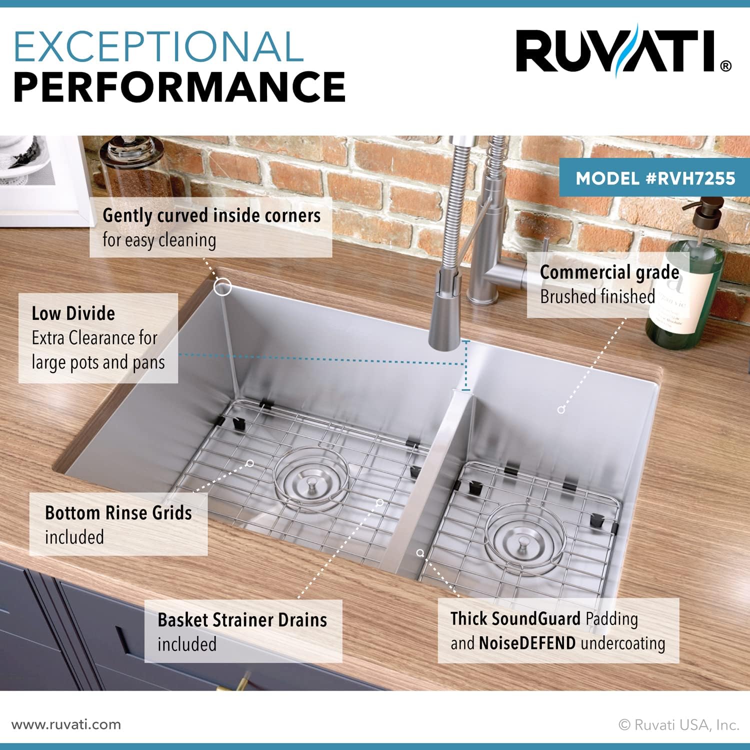 Ruvati 30 - inch Low - Divide Undermount Rounded Corners 50/50 Double Bowl 16 Gauge Stainless Steel Kitchen Sink – RVH7355 - KI Home