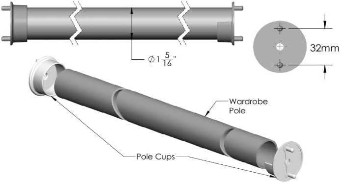 TAG Hardware 1 - 5/16" Round Wardrobe Tube Closet Rod with End Supports, Multiple Finishes, Made in Canada - KI Home