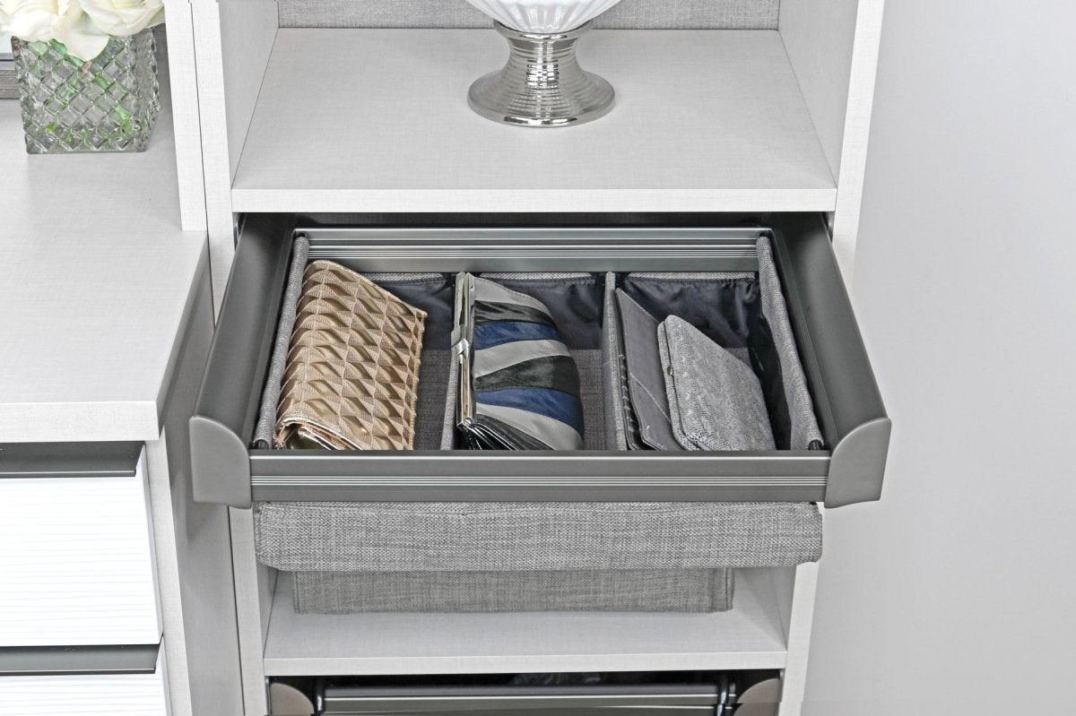 TAG Hardware Engage Lingerie Pullout Full extension Soft - close Undermount slides: 14 - Inch Depth, Customizable Compartments with Adjustable Dividers - KI Home