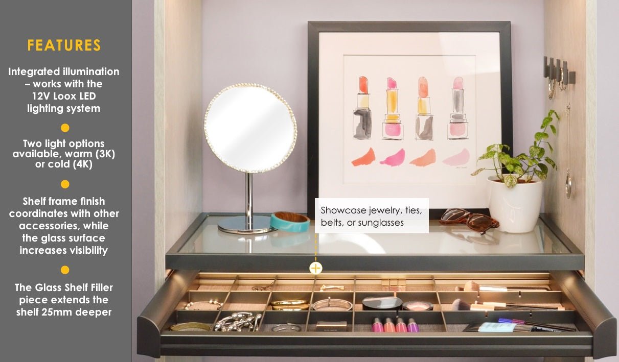 TAG Hardware Illuminated Glass Shelf Cool White Light (4000K) with 12V Loox LED Lighting - KI Home