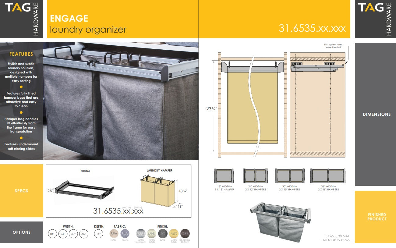 TAG Hardware Premium Closet Laundry Hamper Full Extension Soft-Close and Removable Bags and Handles