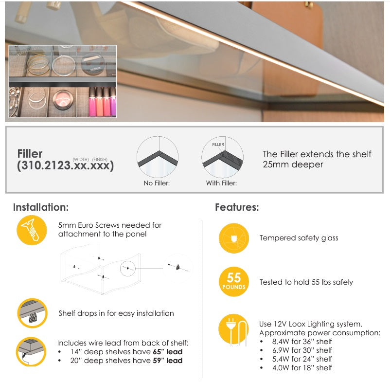 TAG Hardware Illuminated Glass Shelf Cool White Light (4000K) with 12V Loox LED Lighting