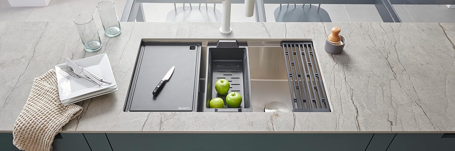 Veniso Nova Ruvati 33 - inch Workstation Slope Bottom Offset Drain Undermount 16 Gauge Kitchen Sink with Black Composite Cutting Board – RVH8597 - KI Home