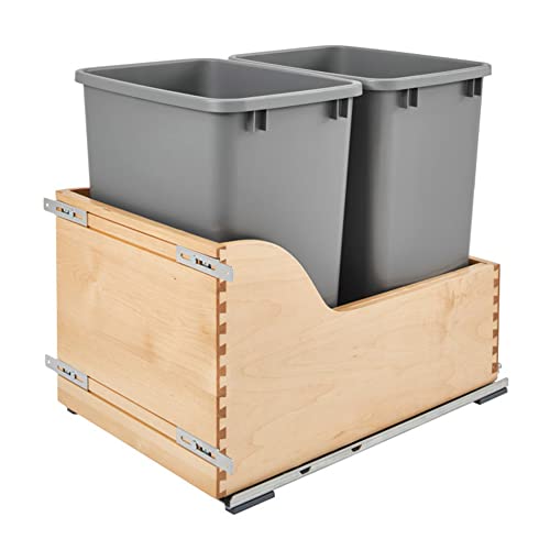 Rev-A-Shelf Pull Out Trash Can for Kitchen Cabinets 35 Qt 8.75 Gal Bottom Mounted, Rear Storage, Undermount Soft-Close Slides, Silver, 4WCSC-1835DMND-2