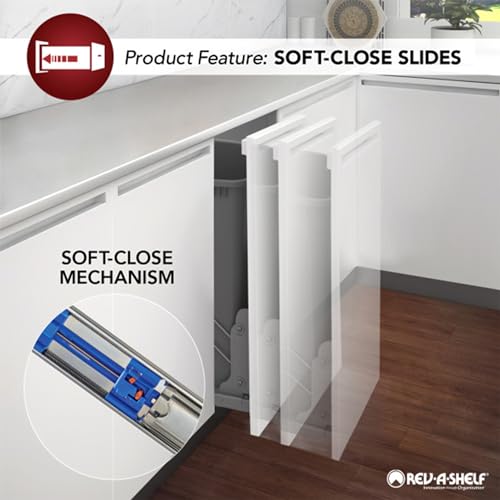 Rev-A-Shelf Pull Out Trash Can for Kitchen Cabinets 35 Qt 8.75 Gal Bottom Mounted, Rear Storage, Undermount Soft-Close Slides, Silver, 4WCSC-1835DMND-2