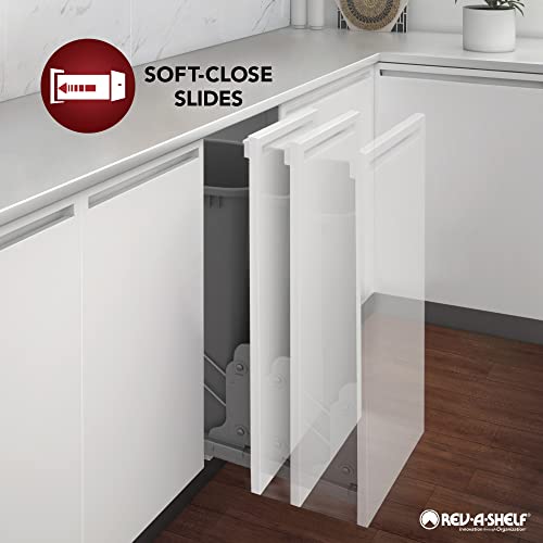 Rev-A-Shelf Pull-Out Trash Can for Under Kitchen Cabinets 35 Quart 8.75 Gallon with Soft-Close Slides and Rear Storage, Champagne, 53WC-1535SCDM-112