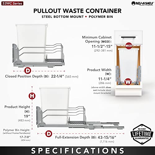 Rev-A-Shelf Pull-Out Trash Can for Under Kitchen Cabinets 35 Quart 8.75 Gallon with Soft-Close Slides and Rear Storage, Champagne, 53WC-1535SCDM-112