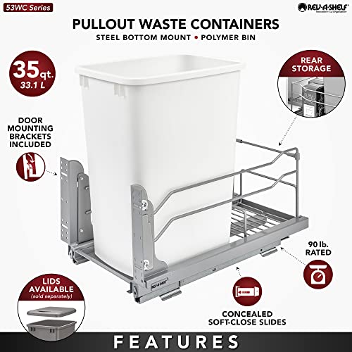 Rev-A-Shelf Pull-Out Trash Can for Under Kitchen Cabinets 35 Quart 8.75 Gallon with Soft-Close Slides and Rear Storage, Champagne, 53WC-1535SCDM-112