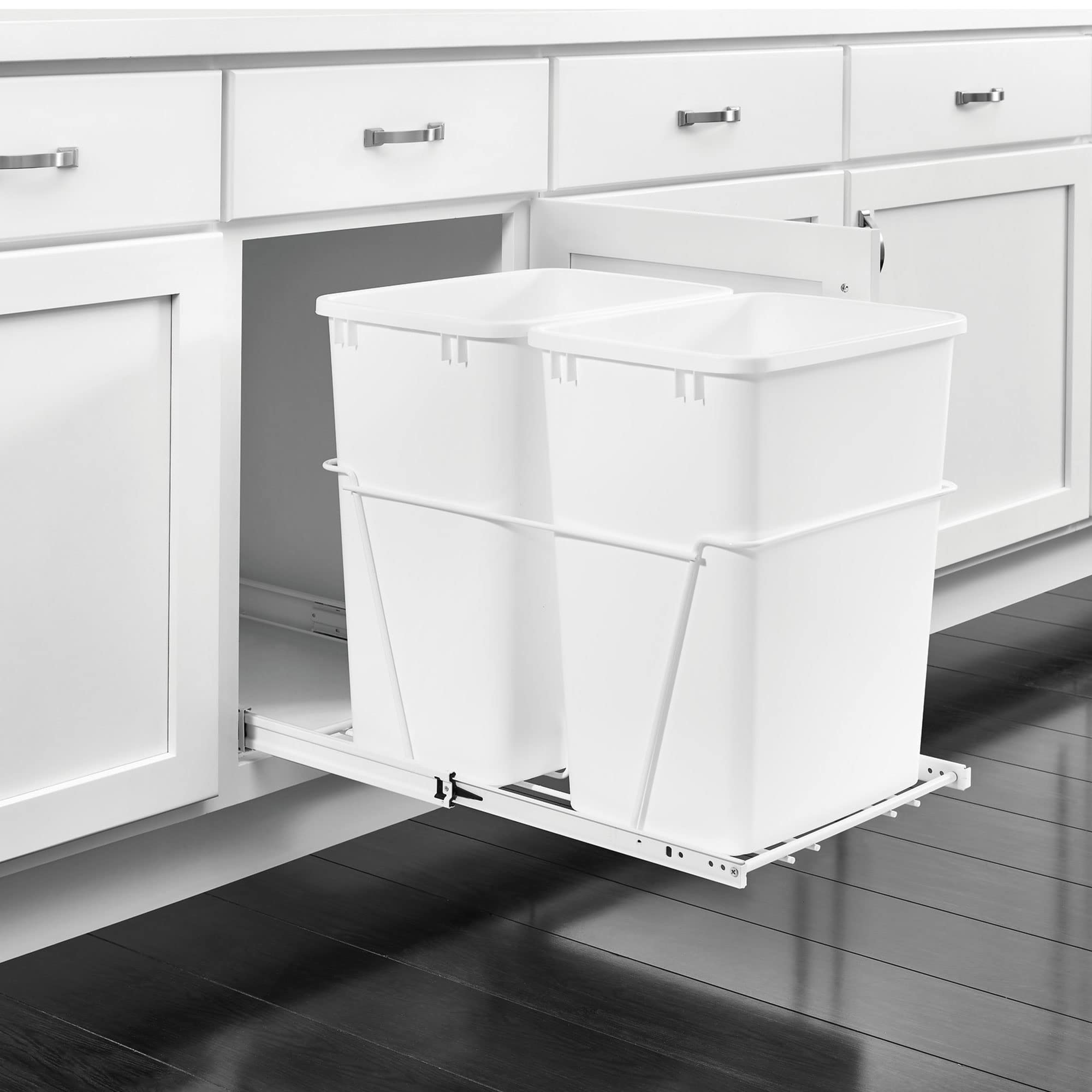 Rev-A-Shelf Single Pull Out 35 Qt Sliding Waste Bin Trash Container for Base Kitchen Cabinet, Wire Frame w/Ball Bearings, White, RV-18PB-1