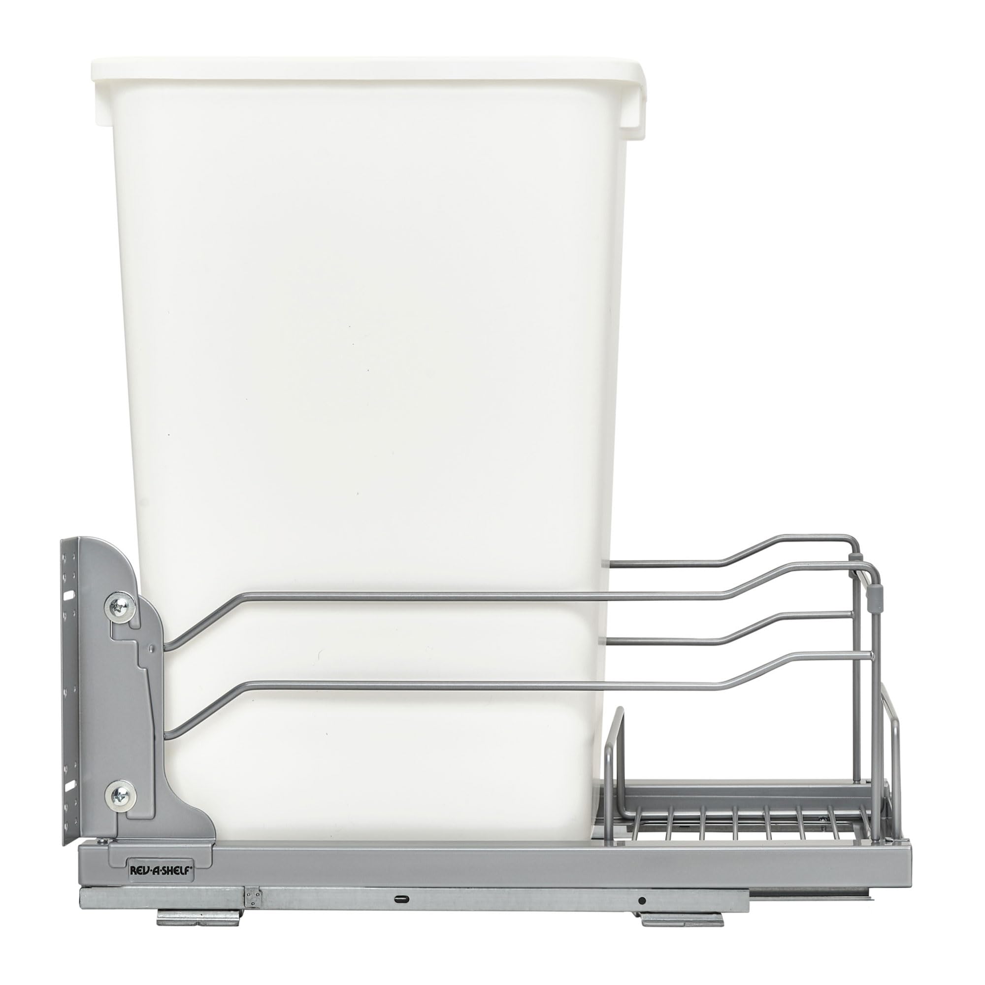 Rev-A-Shelf Pullout Trash Can for Full-Height Kitchen Cabinets 50 Quart 12.5 Gallon with Soft-Close Slides and Storage, Silver, 53WC-1550SCDM-117