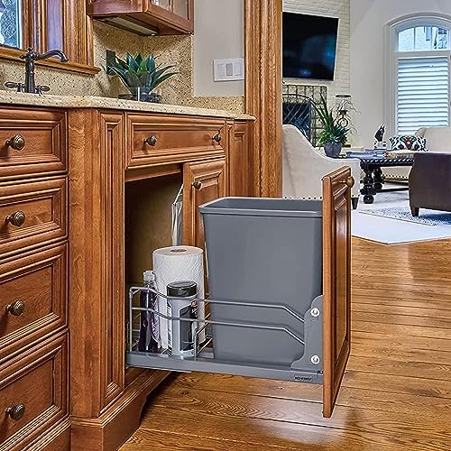 Rev-A-Shelf Pull-Out Trash Can for Under Kitchen Cabinets 35 Quart 8.75 Gallon with Soft-Close Slides and Rear Storage, Champagne, 53WC-1535SCDM-112