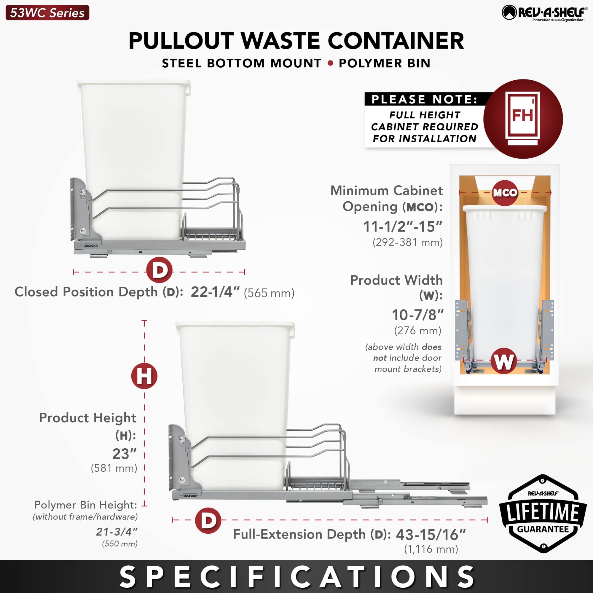 Rev-A-Shelf Pullout Trash Can for Full-Height Kitchen Cabinets 50 Quart 12.5 Gallon with Soft-Close Slides and Storage, Silver, 53WC-1550SCDM-117