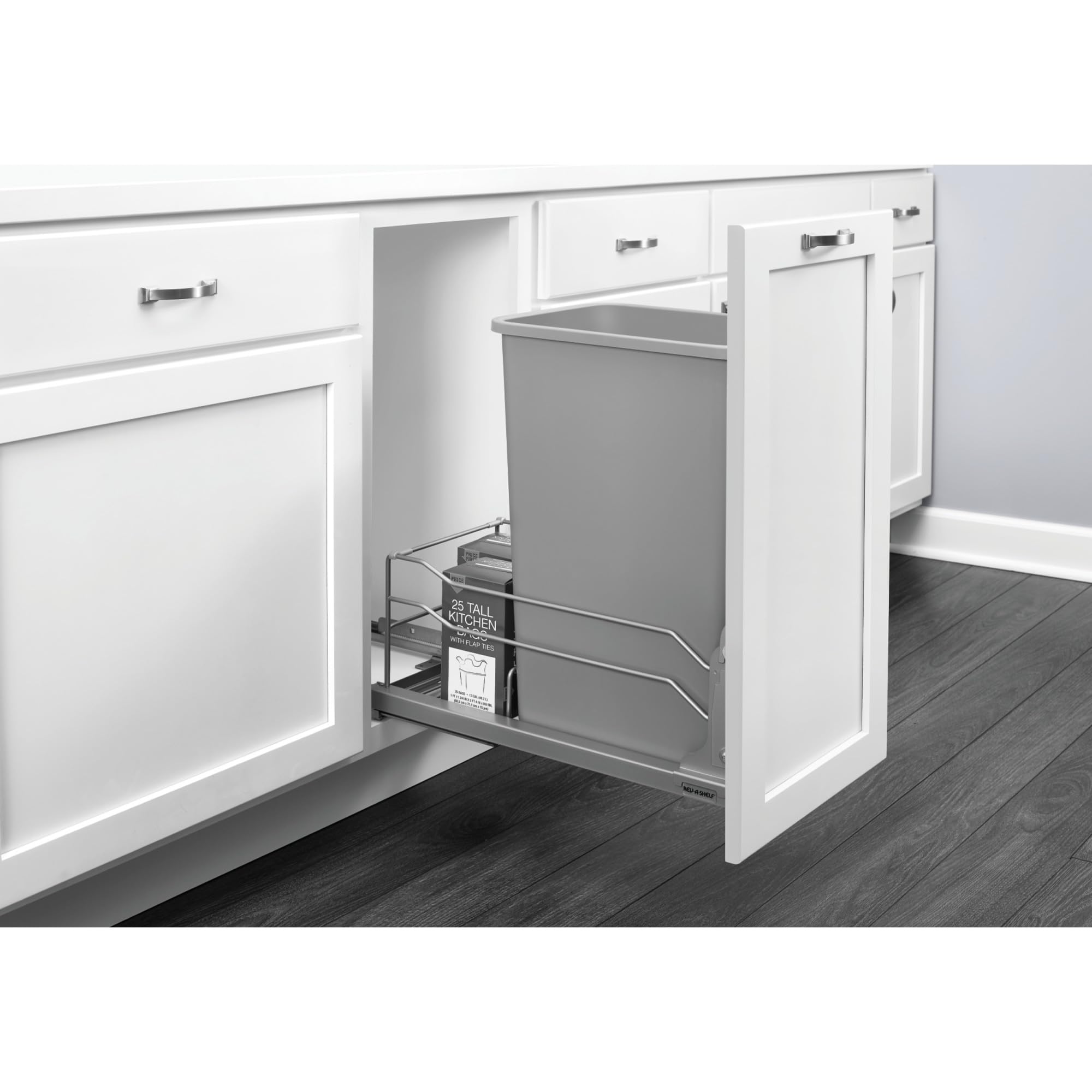 Rev-A-Shelf Pullout Trash Can for Full-Height Kitchen Cabinets 50 Quart 12.5 Gallon with Soft-Close Slides and Storage, Silver, 53WC-1550SCDM-117