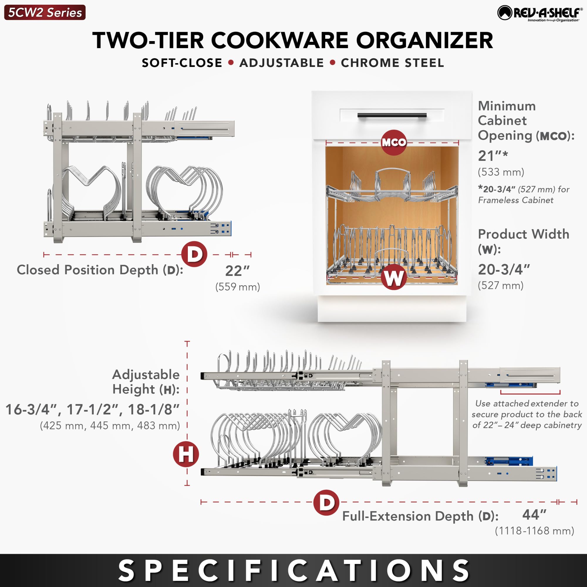 Rev-A-Shelf Two-Tier Steel Wire Pullout Cookware Cabinet Organizer w/Soft-Close