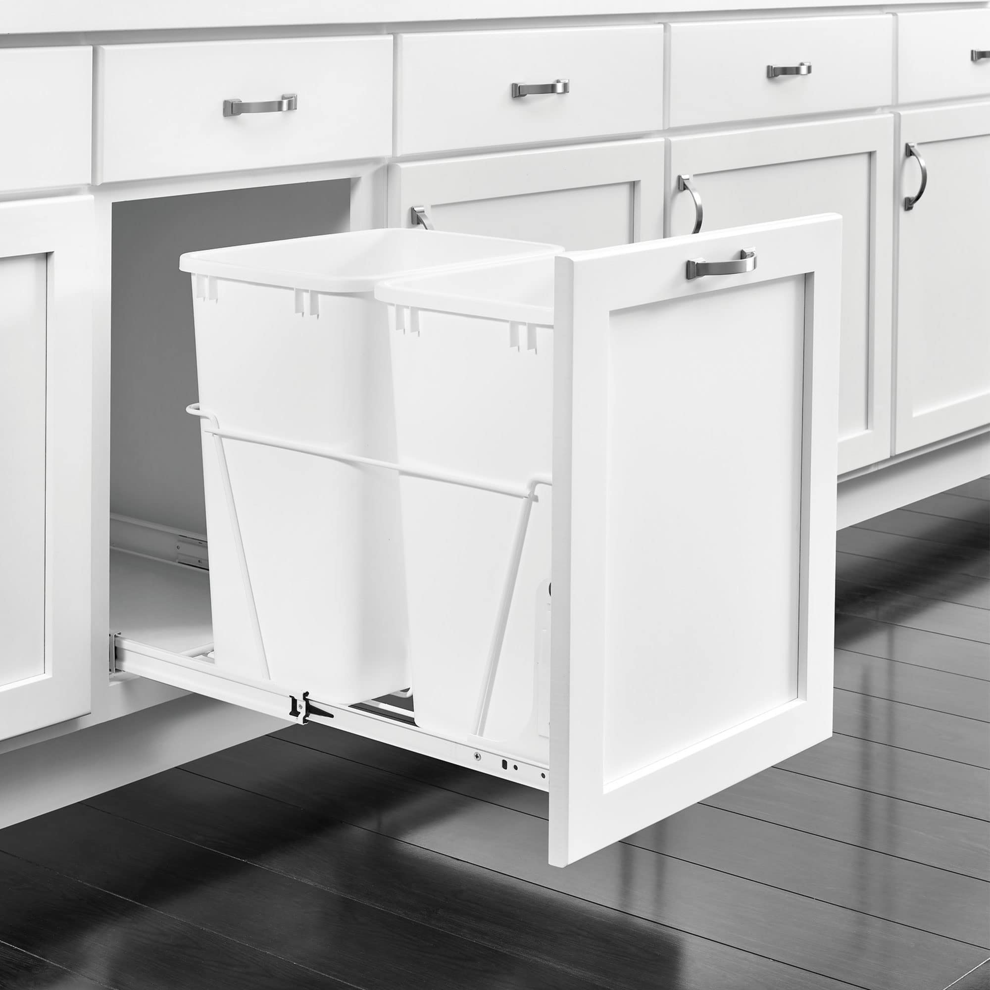 Rev-A-Shelf Single Pull Out 35 Qt Sliding Waste Bin Trash Container for Base Kitchen Cabinet, Wire Frame w/Ball Bearings, White, RV-18PB-1