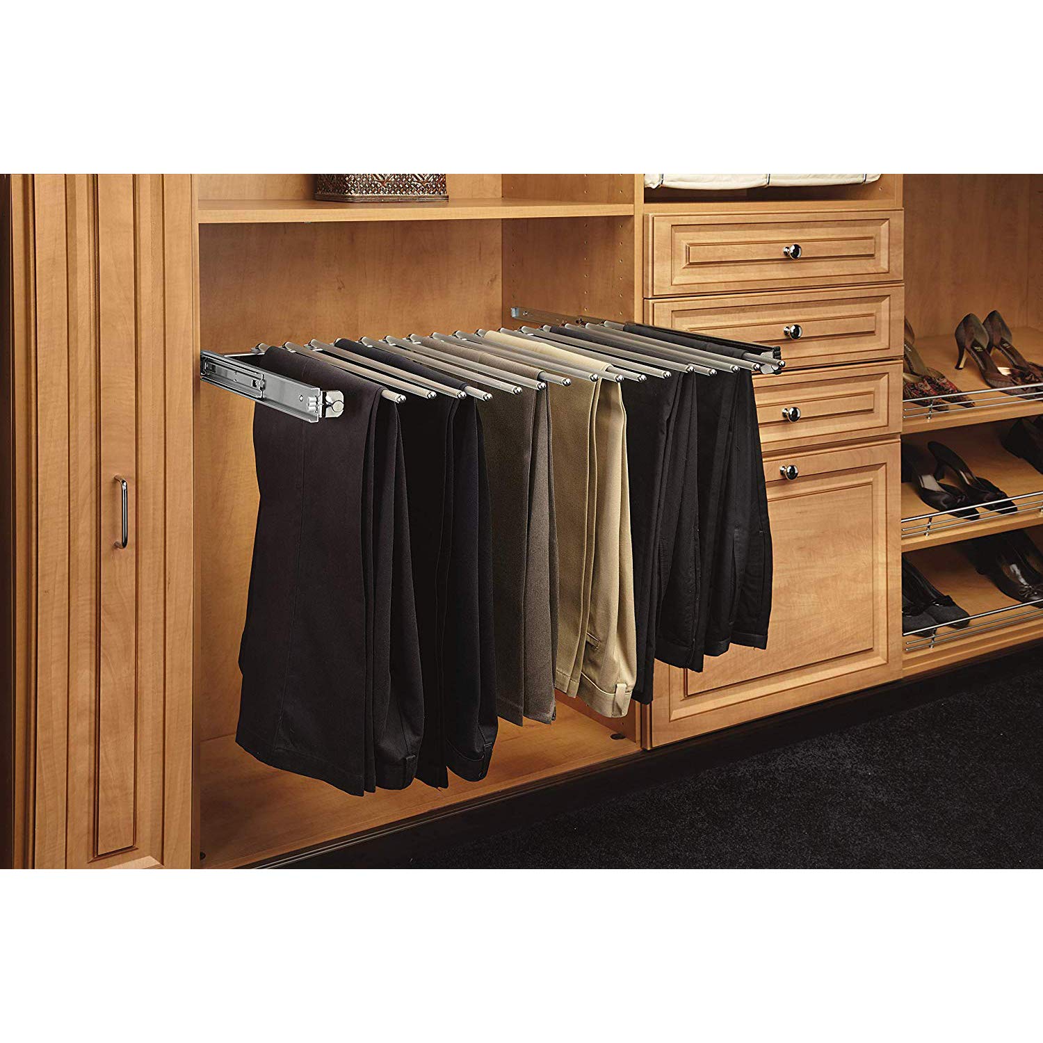 Rev-A-Shelf 17.5" Pull Out Wire Frame for 9 Pairs of Trouser Pant Rack for Space Saving Home Closet Storage Organization, Chrome, PSC-1814CR