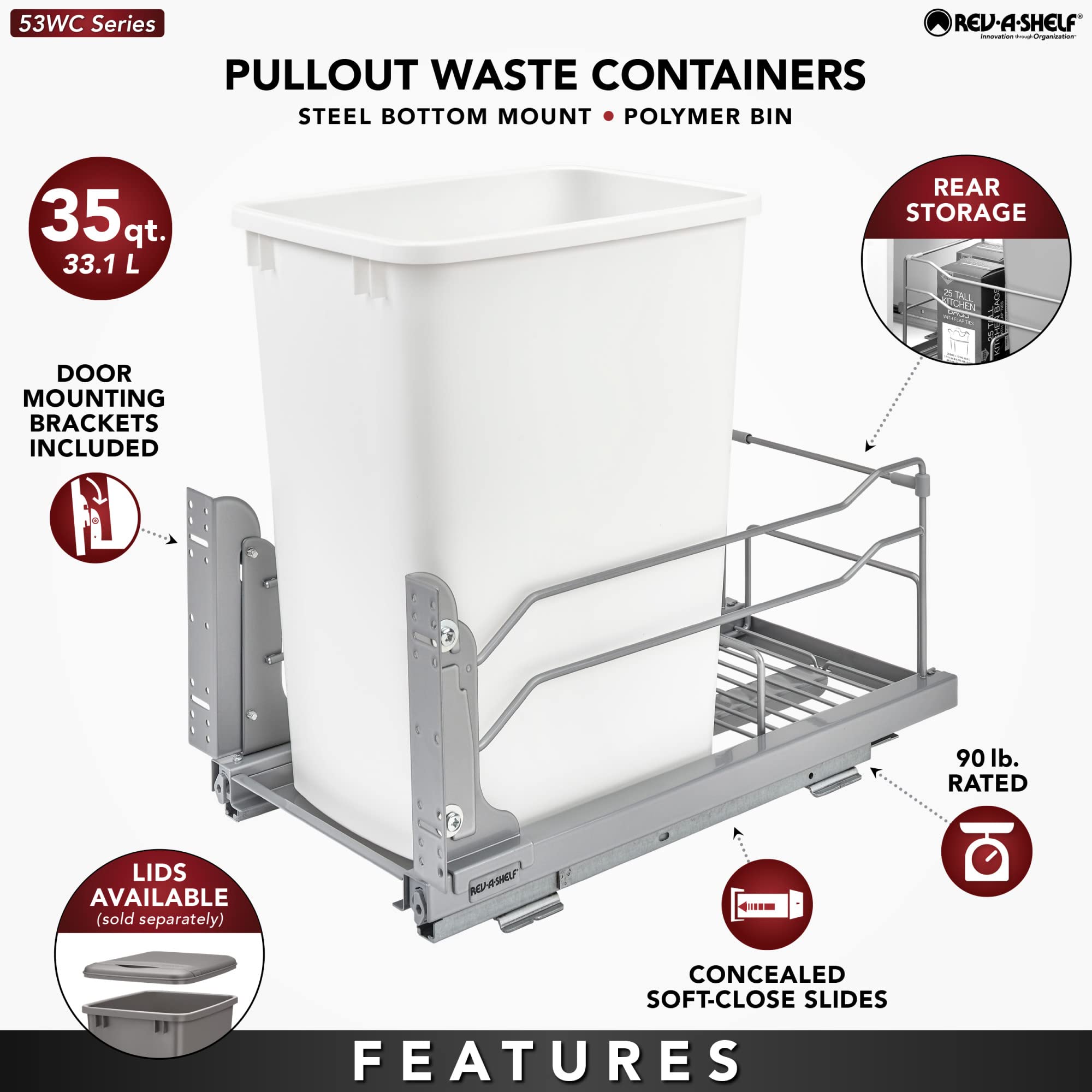 Rev-A-Shelf Pull-Out Trash Can for Under Kitchen Cabinets 35 Quart 8.75 Gallon with Soft-Close Slides and Rear Storage, Champagne, 53WC-1535SCDM-112