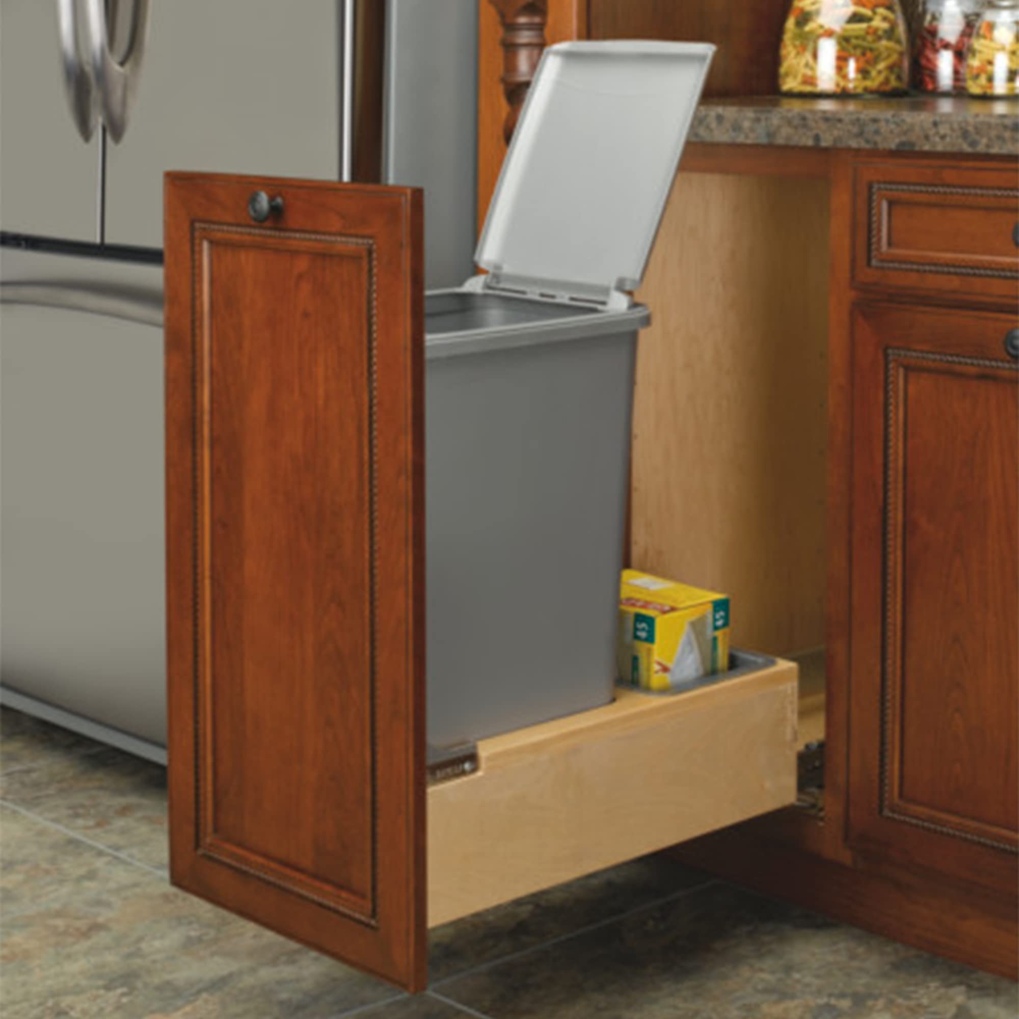Rev-A-Shelf Pull Out Under Counter Trash Can, 50 Qt 12.5 Gal Garbage Container with Soft-Close and Soft-Open Slides, Silver, 4WCBM-1550DM-1
