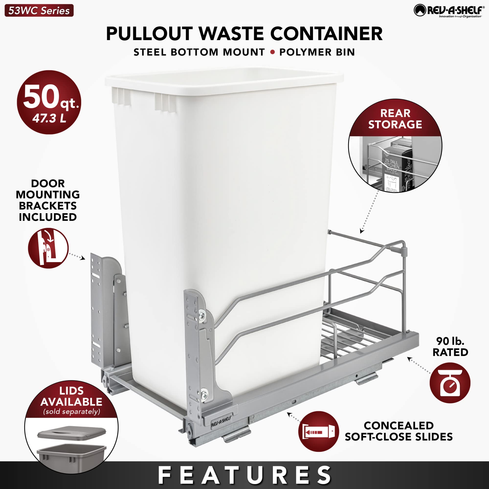 Rev-A-Shelf Pullout Trash Can for Full-Height Kitchen Cabinets 50 Quart 12.5 Gallon with Soft-Close Slides and Storage, Silver, 53WC-1550SCDM-117