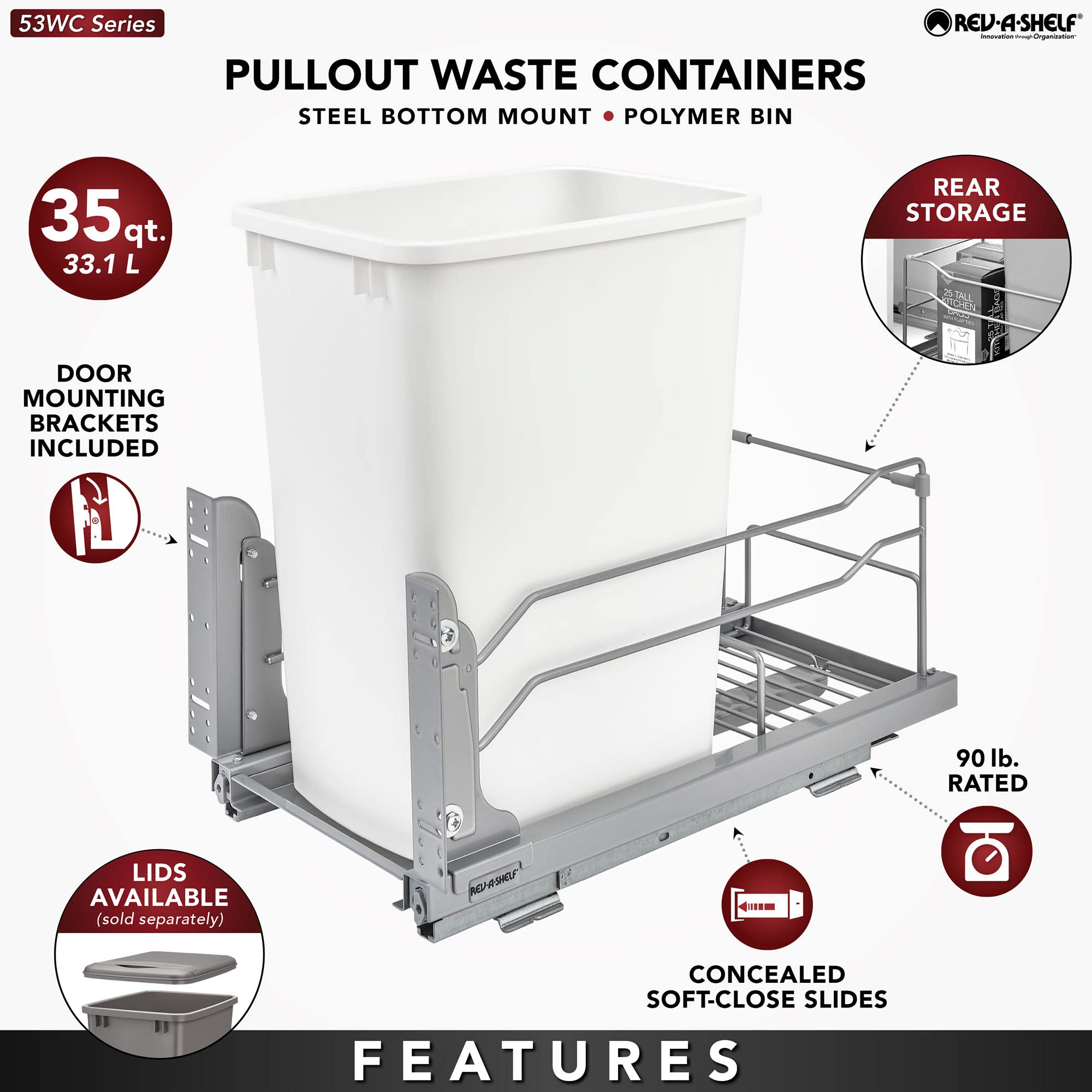 Rev-A-Shelf Pull-Out Trash Can for Under Kitchen Cabinets 35 Quart 8.75 Gallon with Soft-Close Slides and Rear Storage, Champagne, 53WC-1535SCDM-112