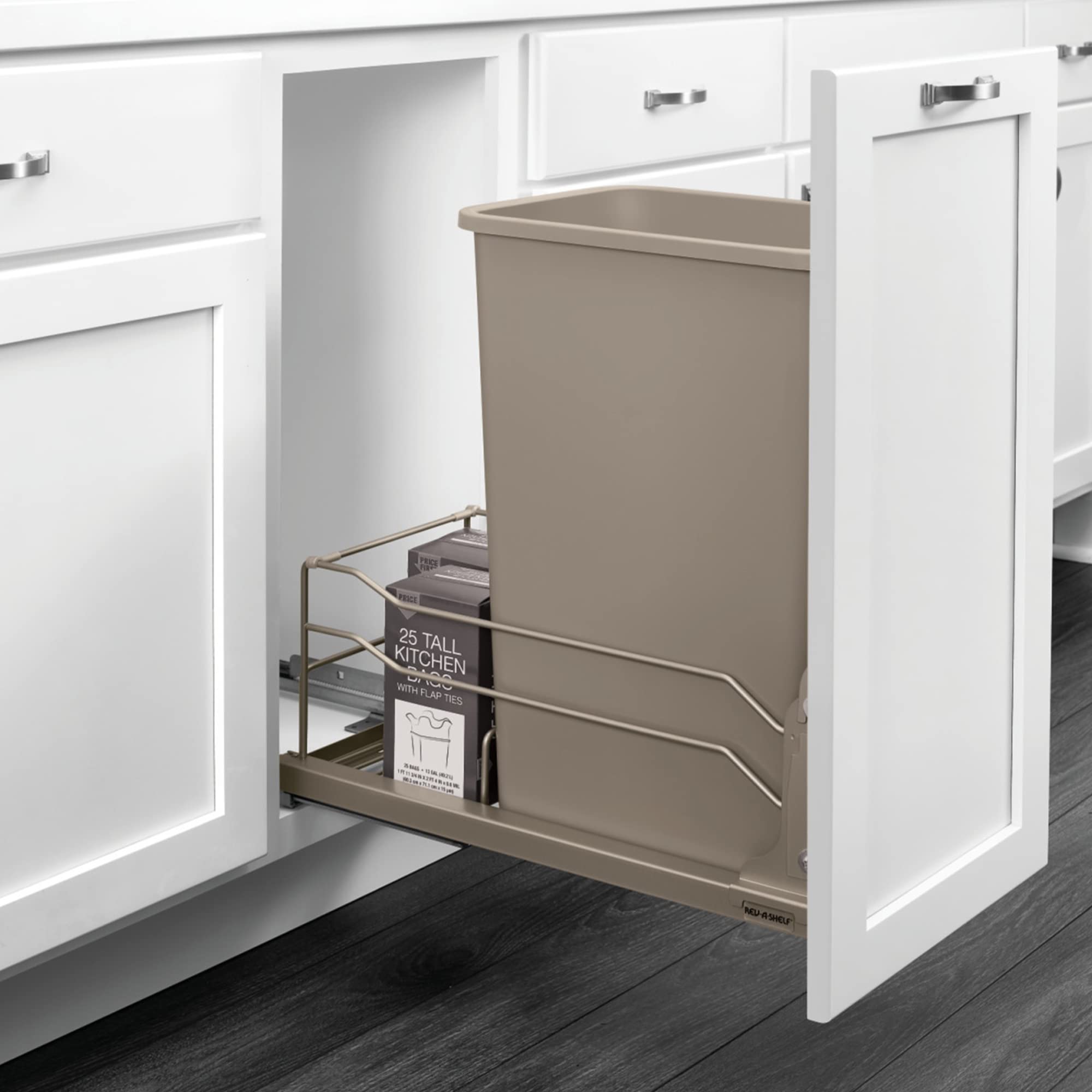Rev-A-Shelf Pullout Trash Can for Full-Height Kitchen Cabinets 50 Quart 12.5 Gallon with Soft-Close Slides and Storage, Silver, 53WC-1550SCDM-117