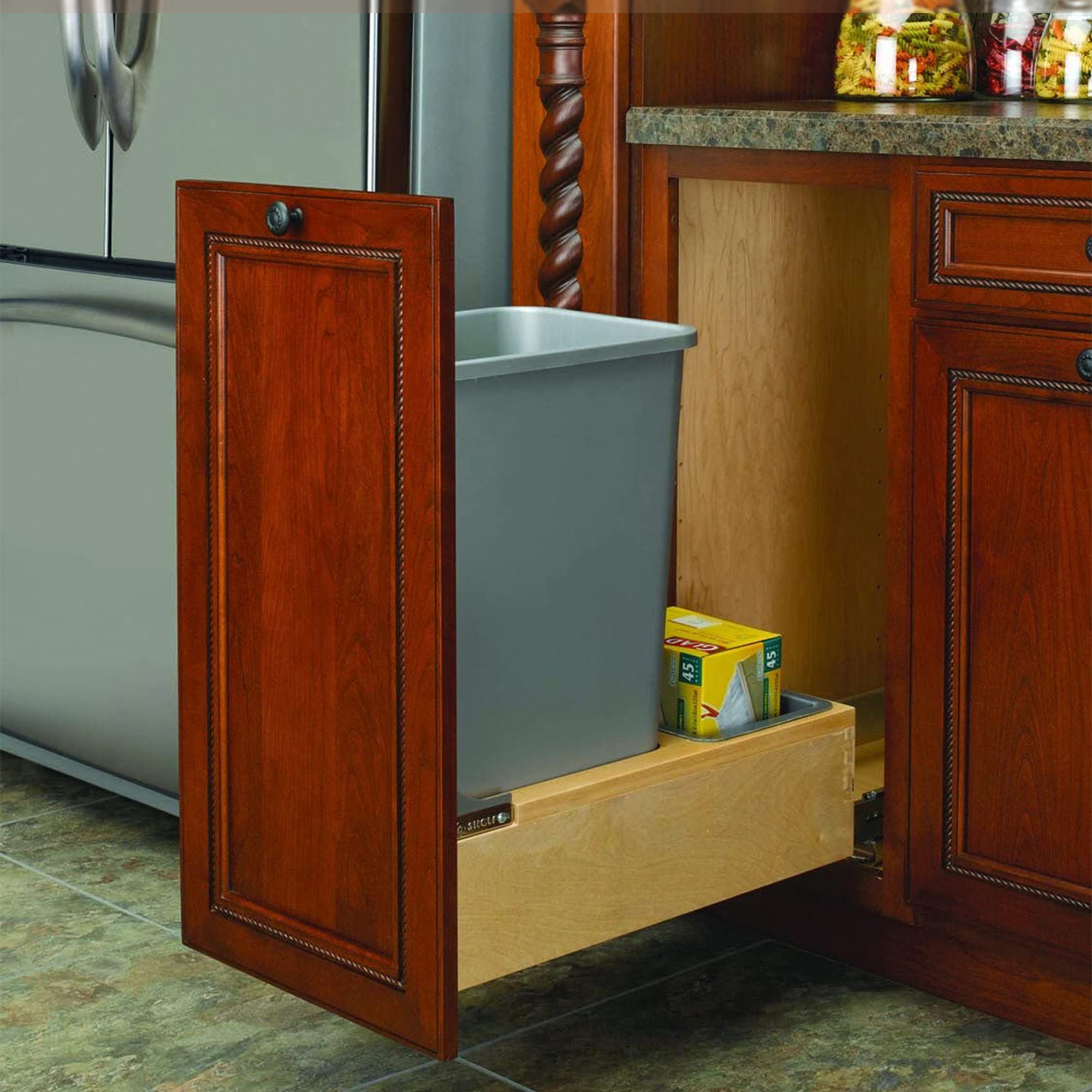 Rev-A-Shelf Pull Out Under Counter Trash Can, 50 Qt 12.5 Gal Garbage Container with Soft-Close and Soft-Open Slides, Silver, 4WCBM-1550DM-1