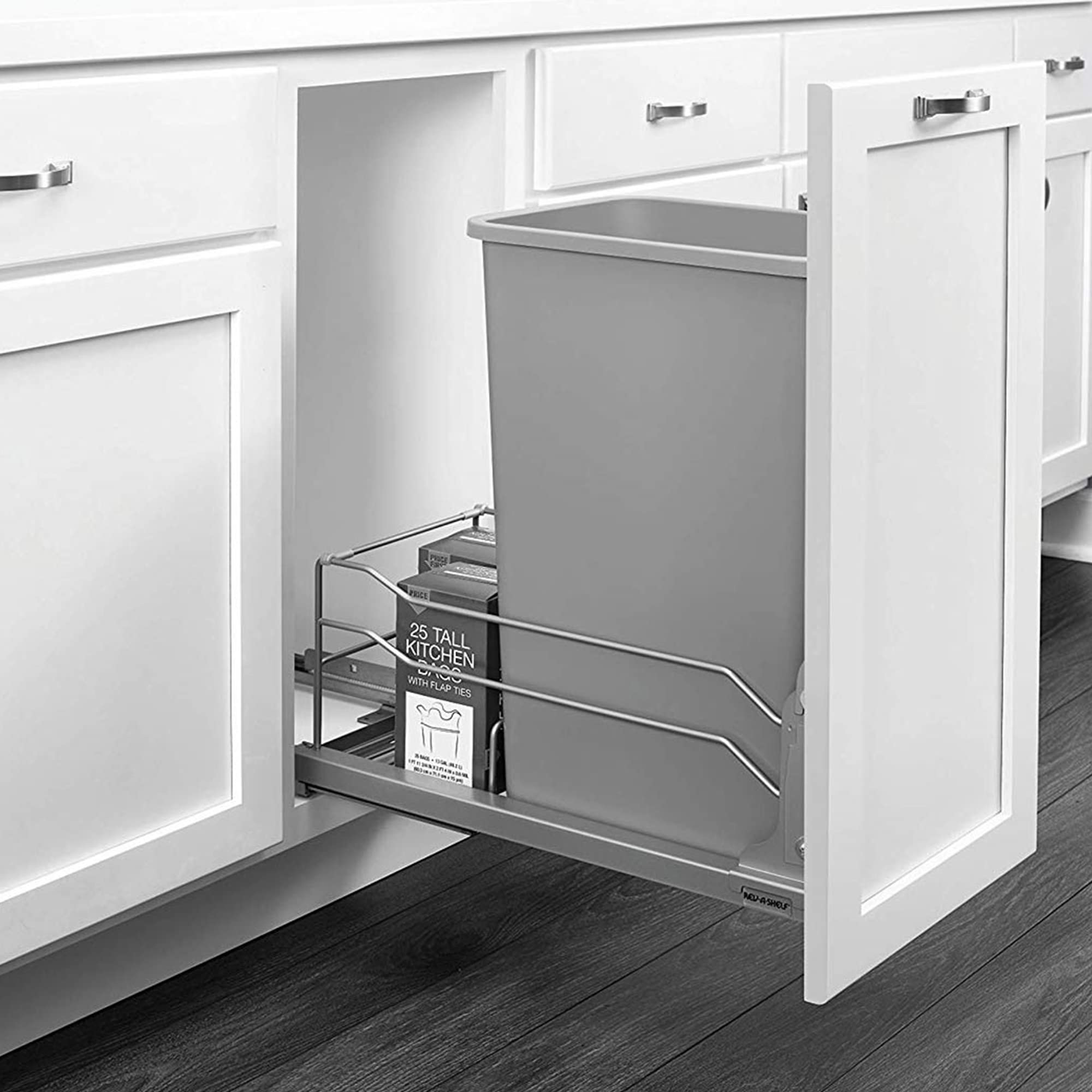 Rev-A-Shelf Pullout Trash Can for Full-Height Kitchen Cabinets 50 Quart 12.5 Gallon with Soft-Close Slides and Storage, Silver, 53WC-1550SCDM-117