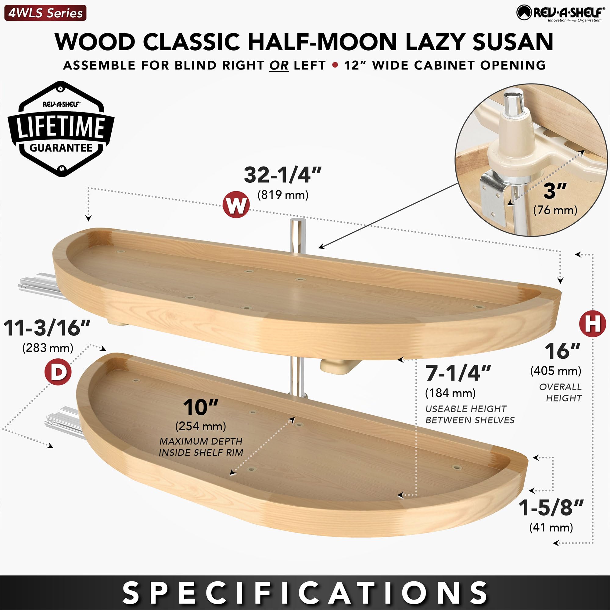 Rev-A-Shelf Dual Shelf Half Moon Lazy Susan Organizer for Blind Corner Kitchen Cabinets, Pull Out Turntable Storage Trays, Wood, 4WLS882-32-570