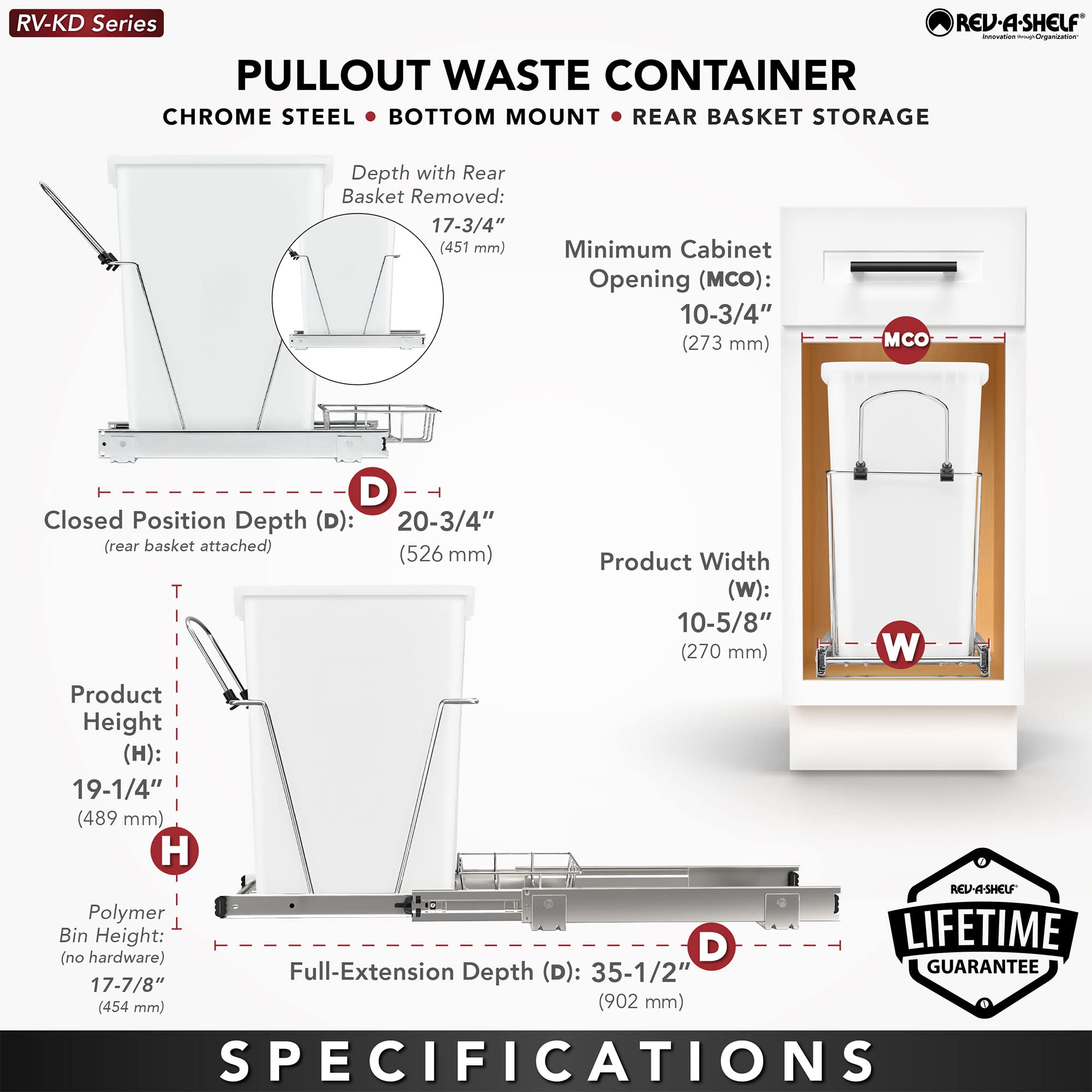 Rev-A-Shelf Pull Out Trash Can for Under Kitchen Cabinets 35 Qt 12 Gallon Garbage Waste Recycling Bin with Full Extension Slides, Silver, RV-12KD-17C S